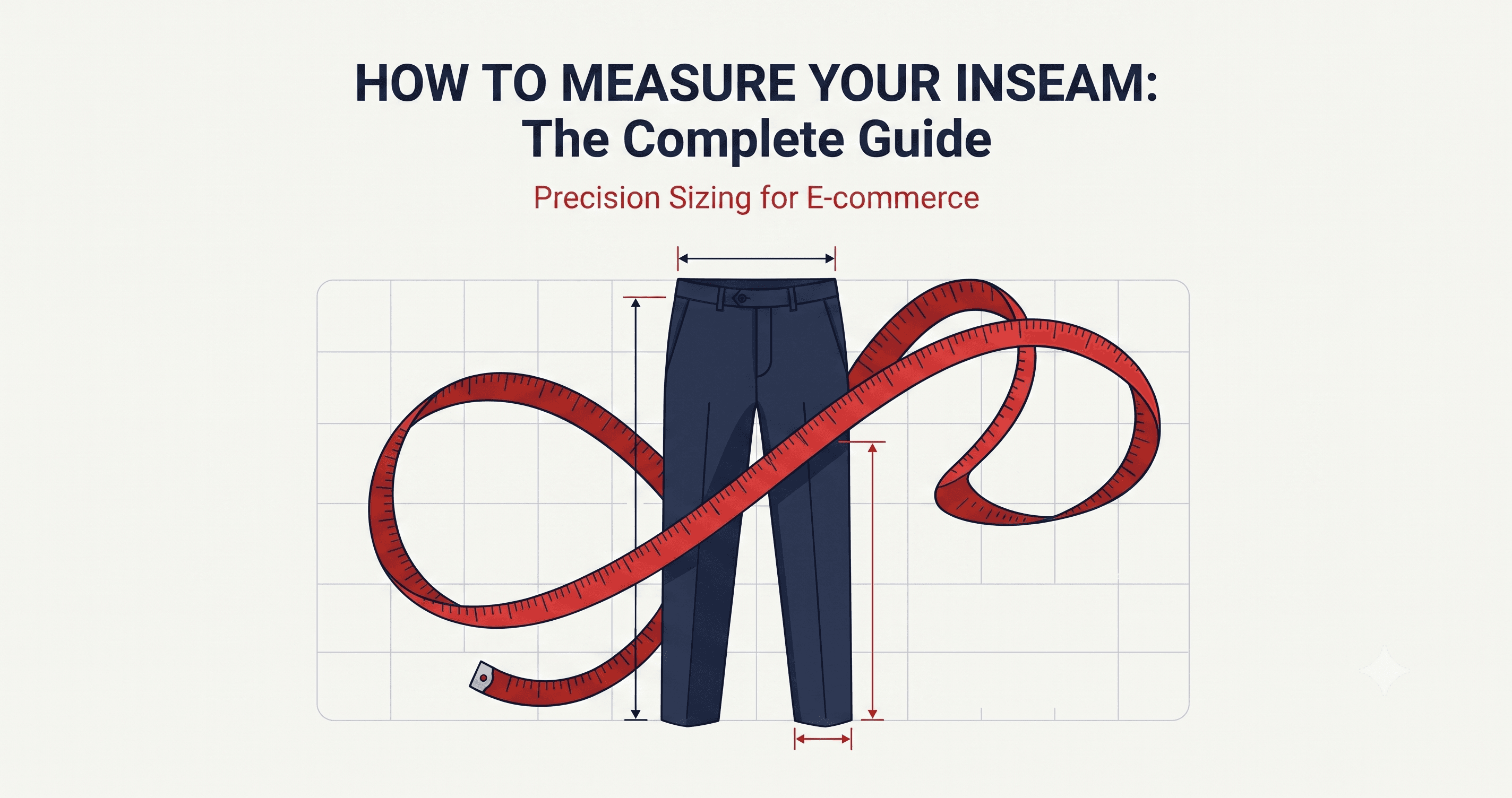 Illustrated banner reading "How to Measure Your Inseam: The Complete Guide, Precision Sizing for E-commerce," showing a red tape measure looped around a pair of navy dress pants on a light grid background