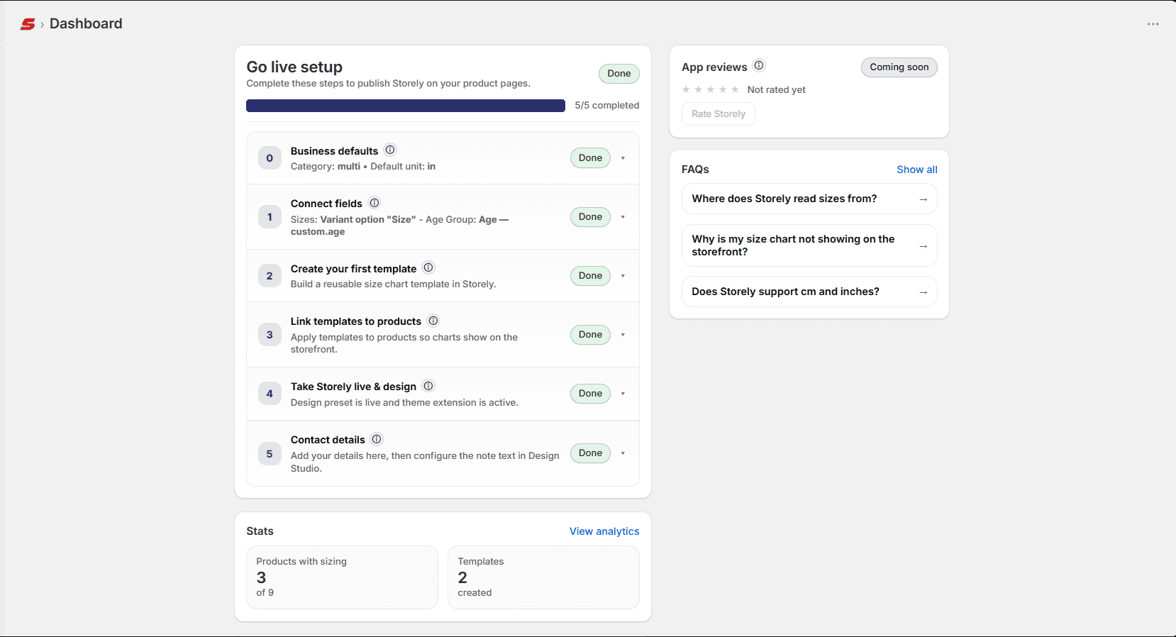 Storely Size admin dashboard