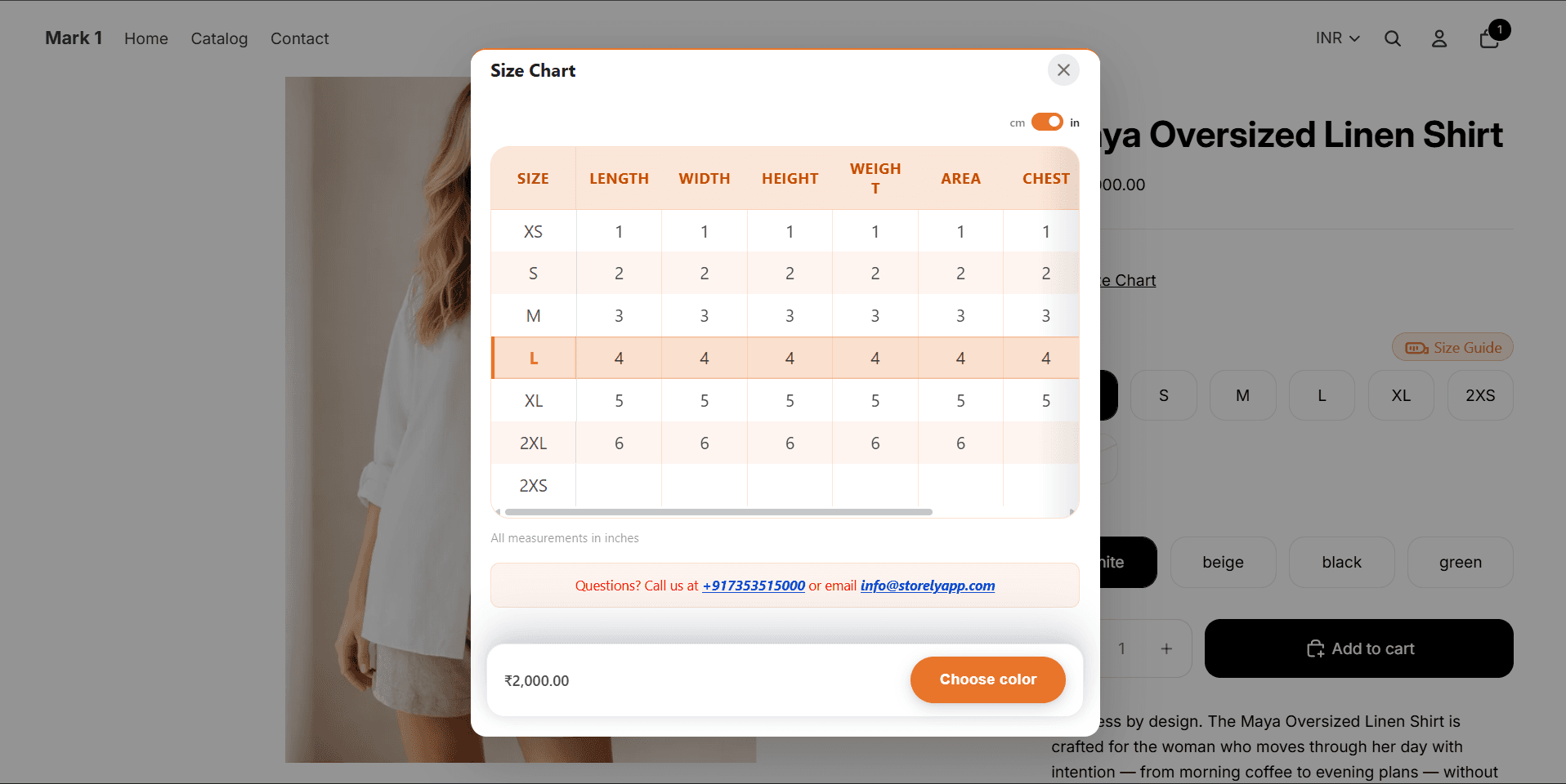 Storefront-facing size chart modal