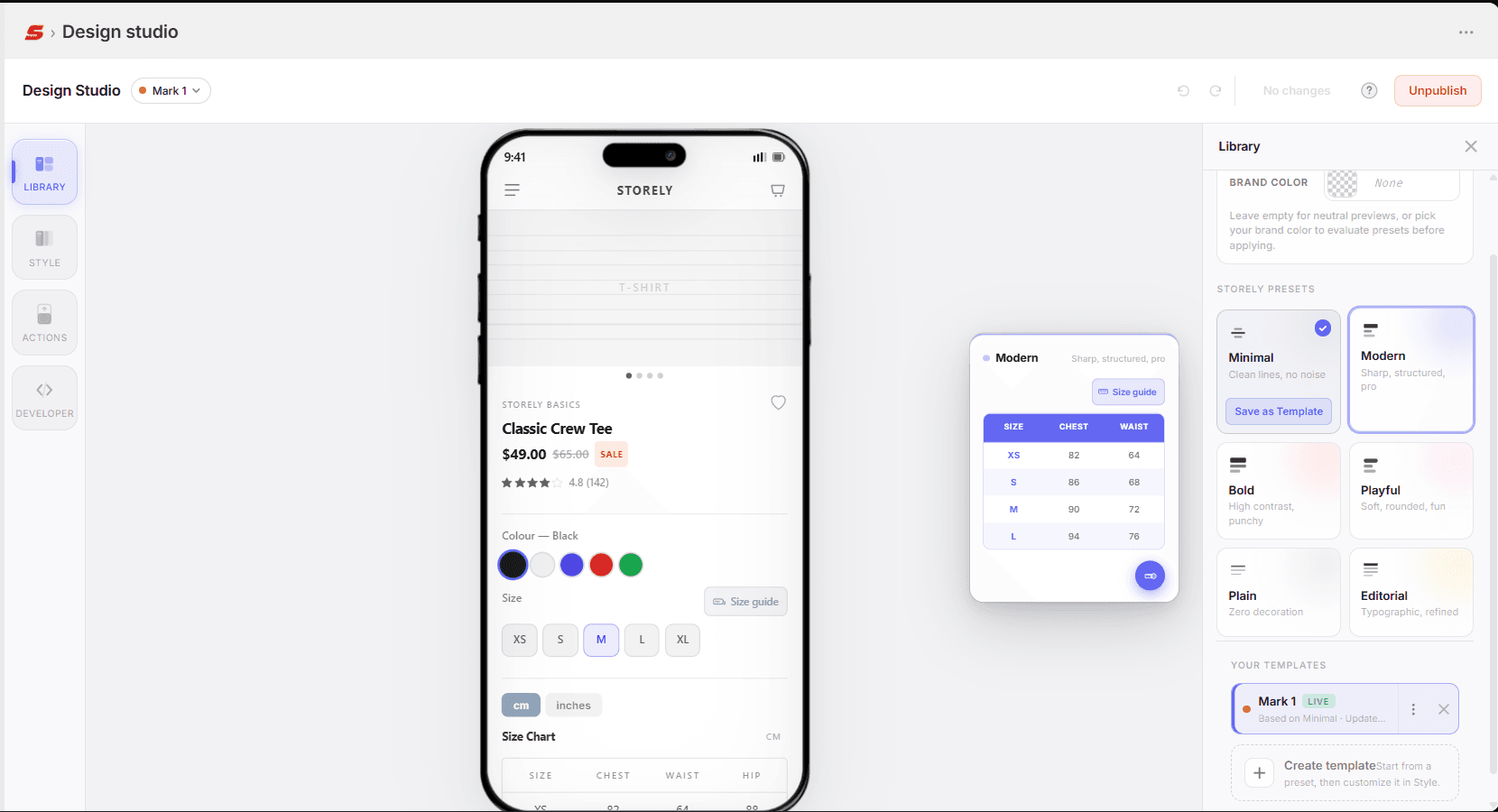 Storely Size Design Studio editor